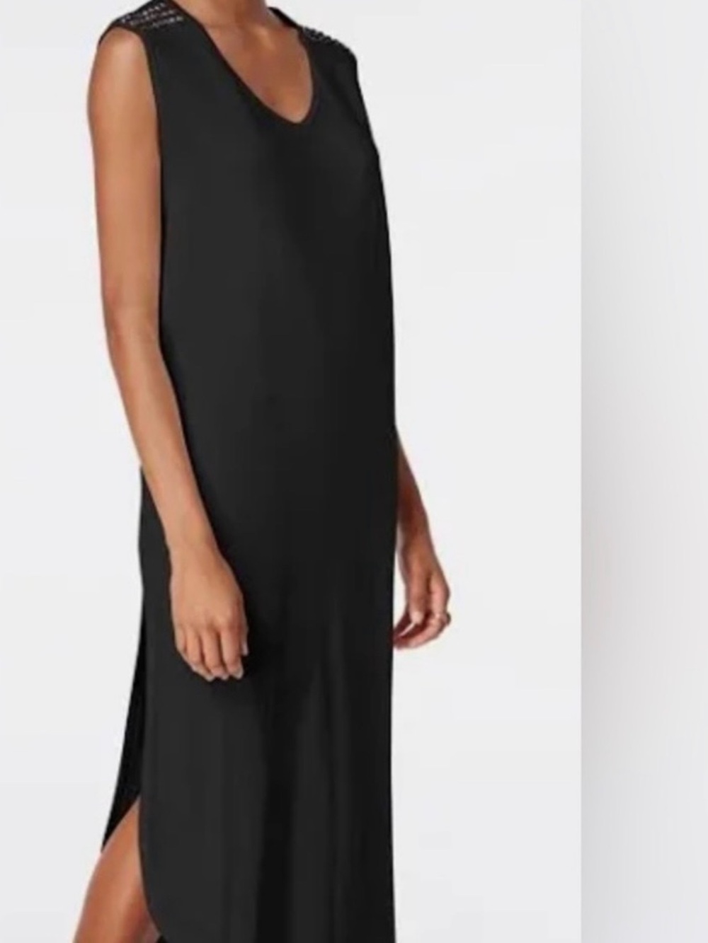 Bar III Black Shoulder Studded Sleeveless V-Neck Midi Shift Dress Size M Modal
